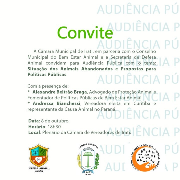 2ª Audiência Pública para debater questões relacionadas à Causa Animal no Município será no dia 8 de outubro