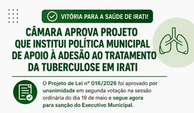 Câmara aprova projeto que institui Política Municipal de Apoio à Adesão ao Tratamento da Tuberculose