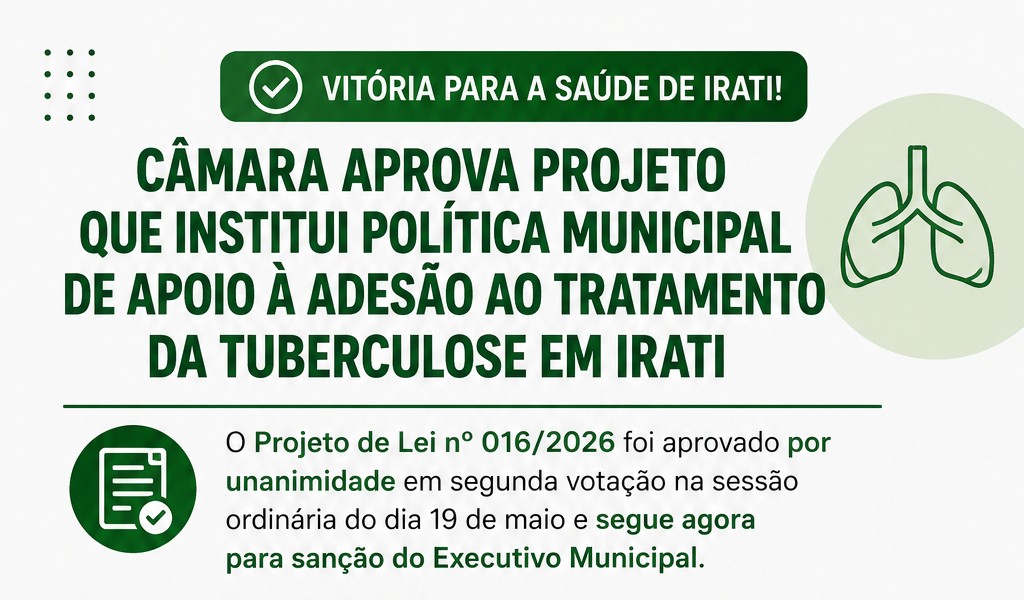 Câmara aprova projeto que institui Política Municipal de Apoio à Adesão ao Tratamento da Tuberculose